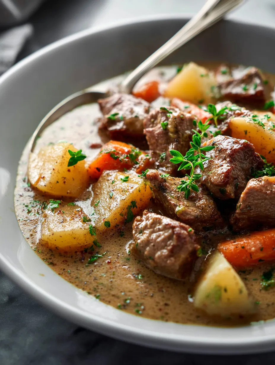 A bowl of stew with meat and vegetables.