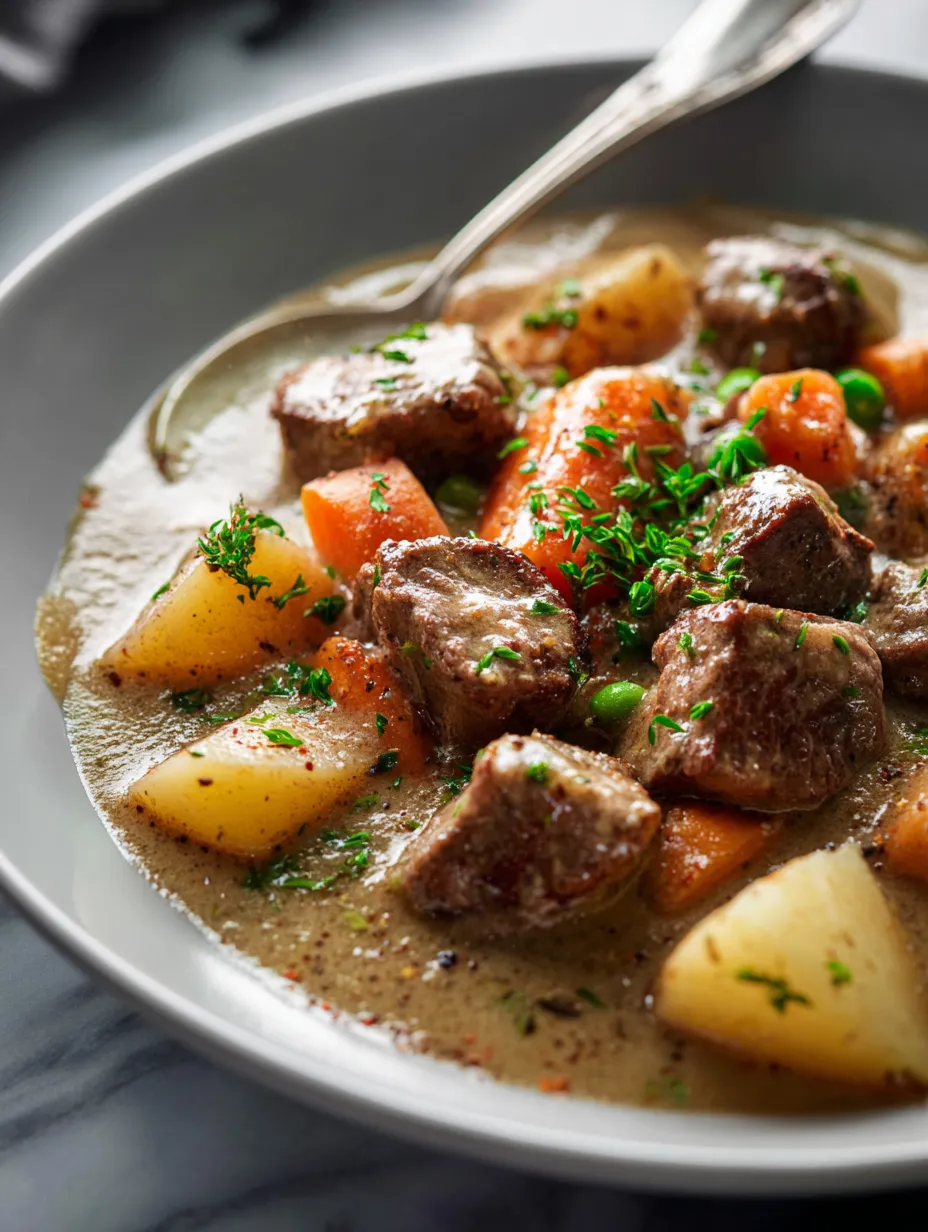 A bowl of stew with meat and vegetables.