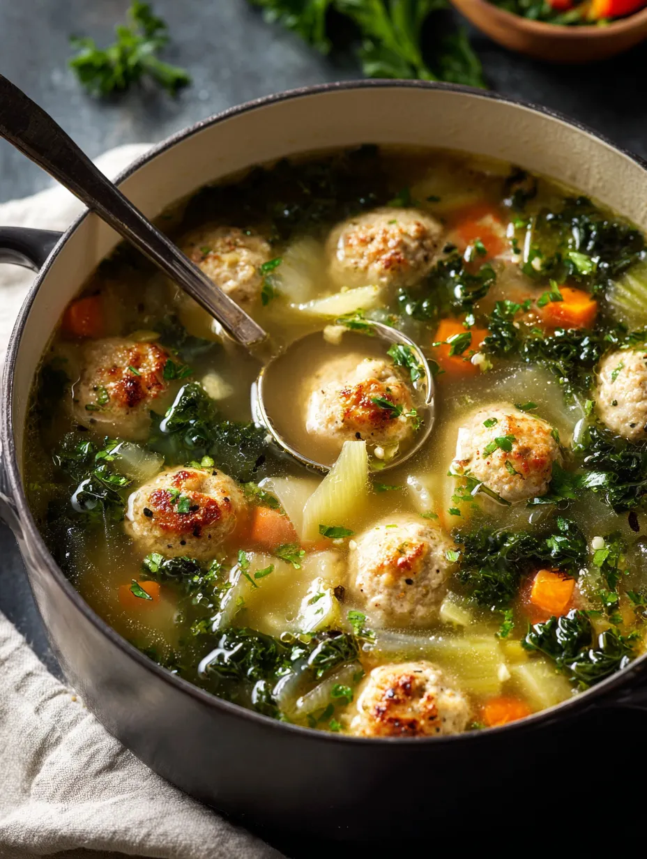A bowl of soup with meatballs and vegetables.