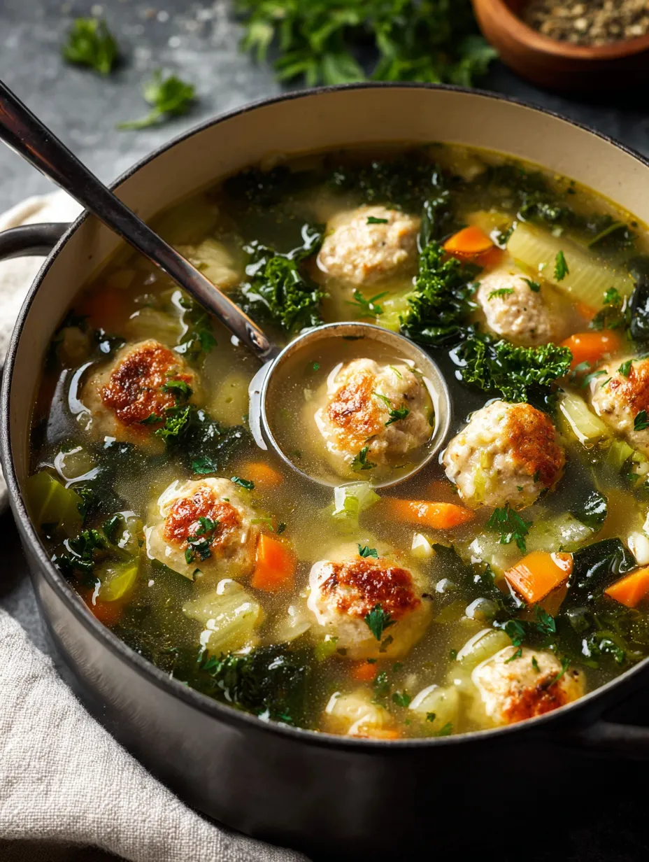 A bowl of soup with meatballs and vegetables.
