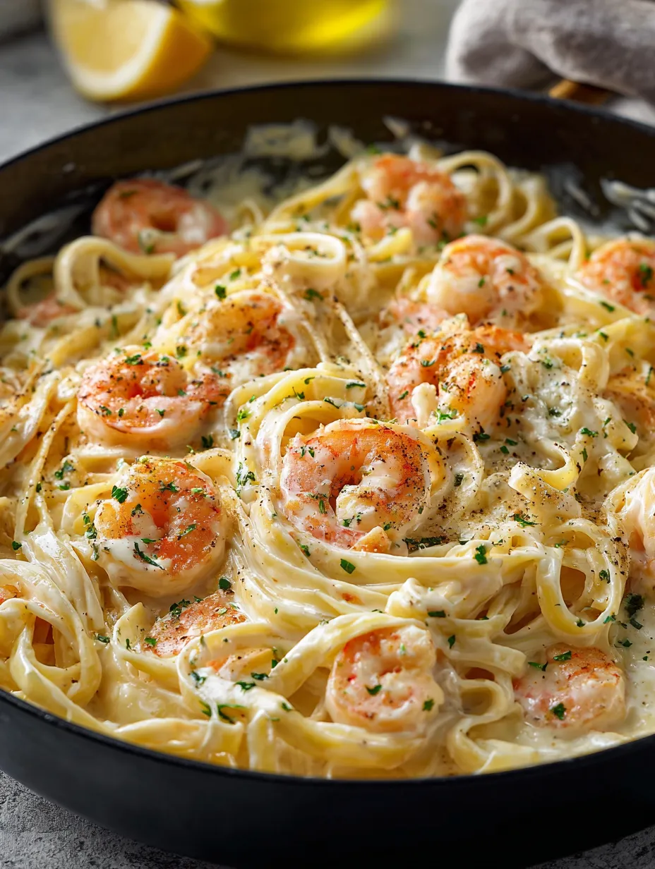 A bowl of shrimp and pasta.