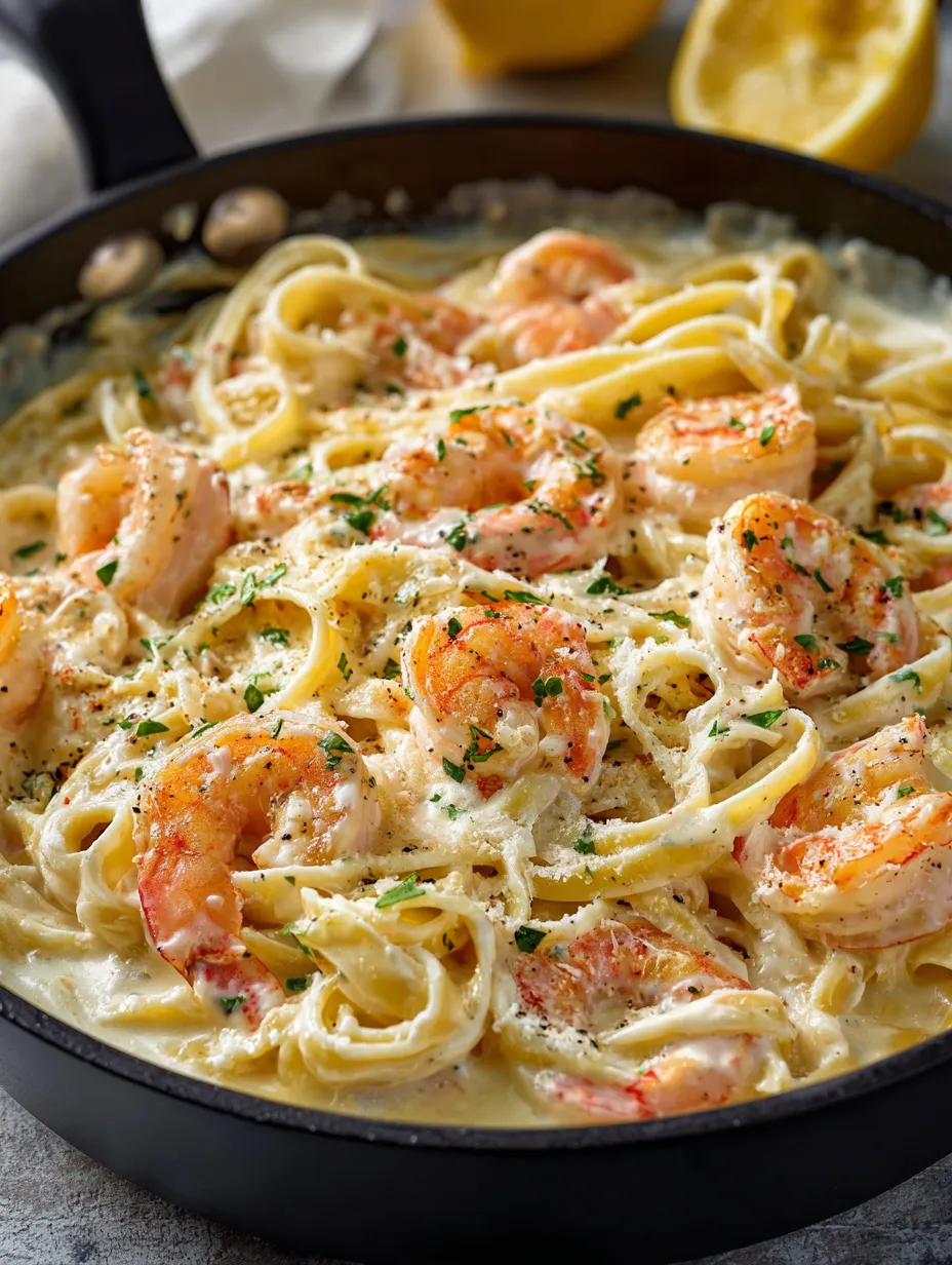 A bowl of shrimp and pasta.