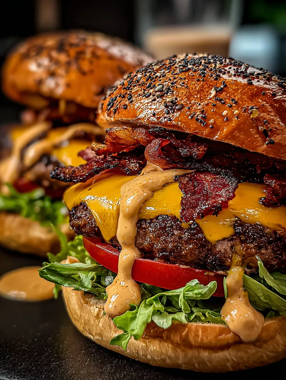 A close up of a burger with bacon and cheese.