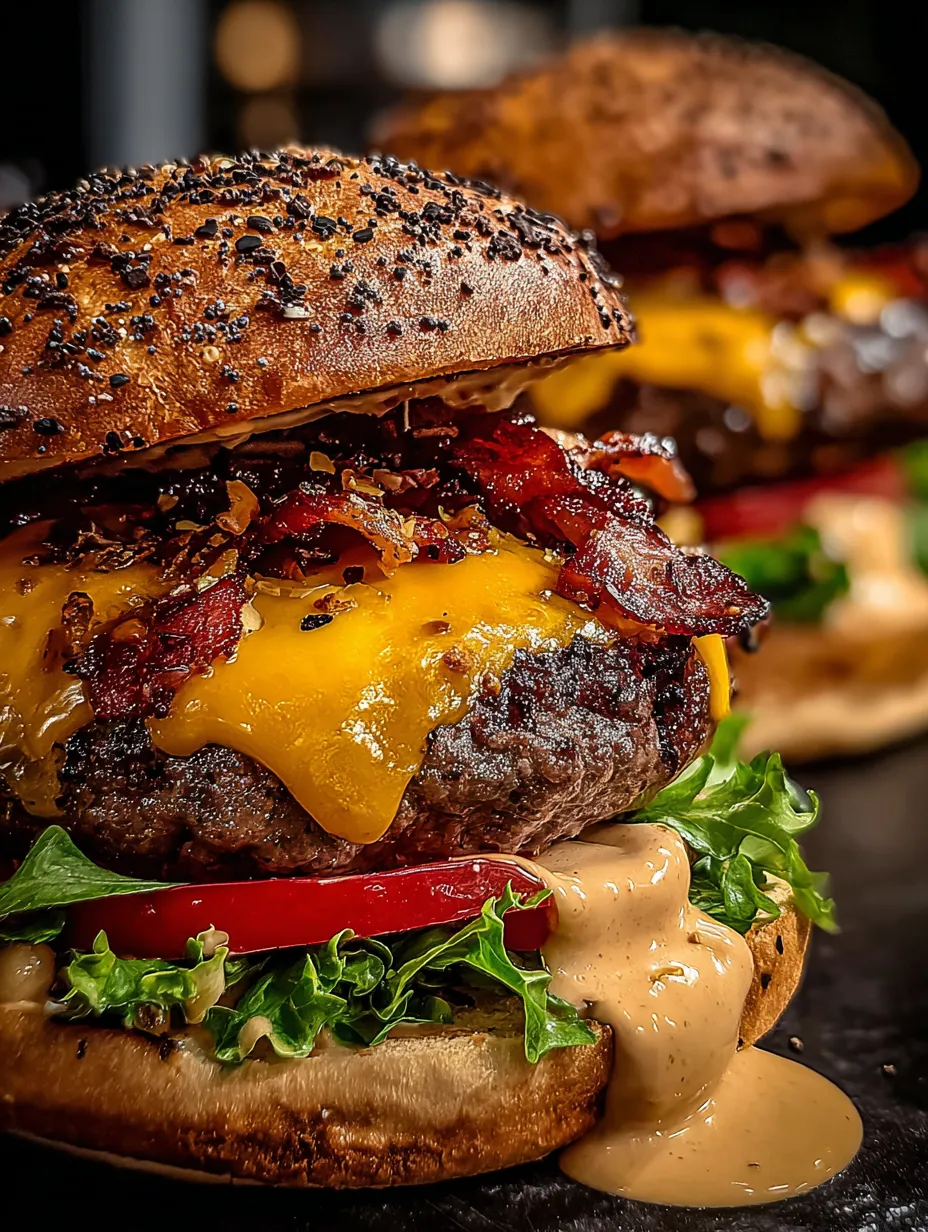 A close up of a bacon cheeseburger.
