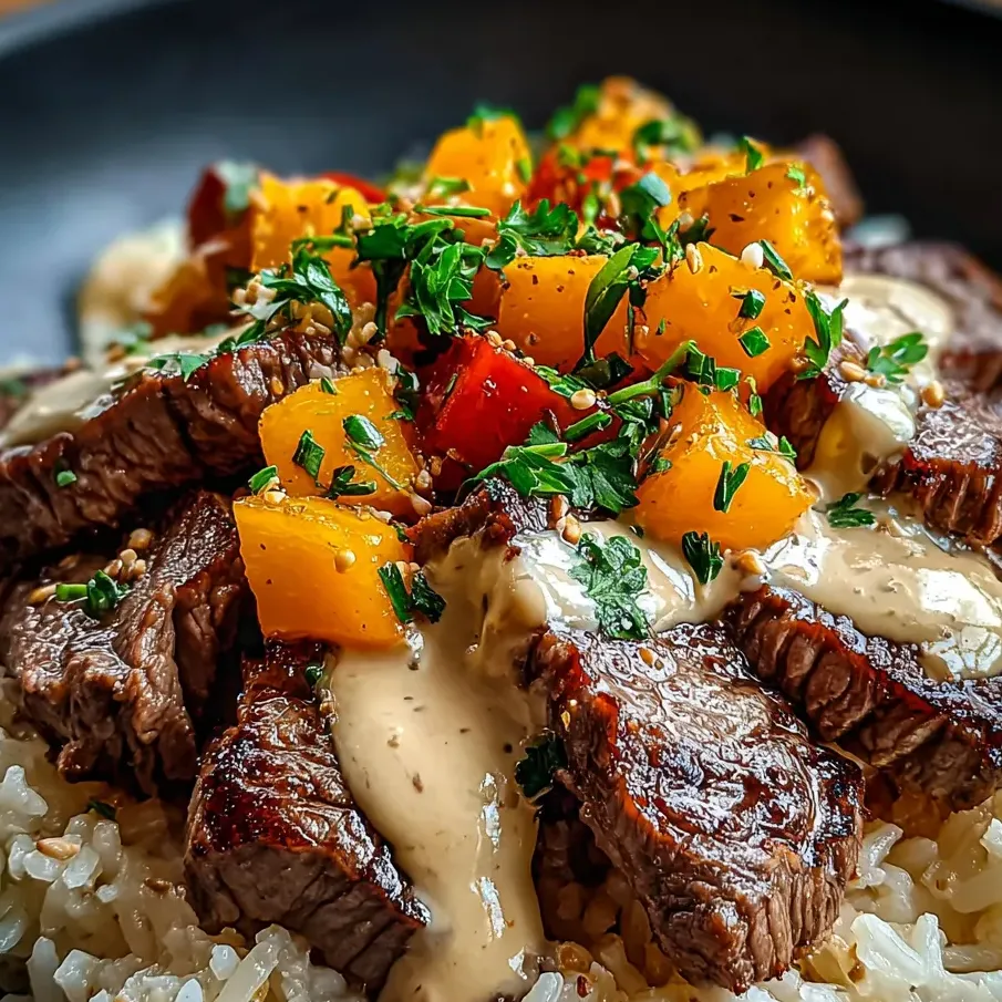 Food piled on a plate with veggies and beef.