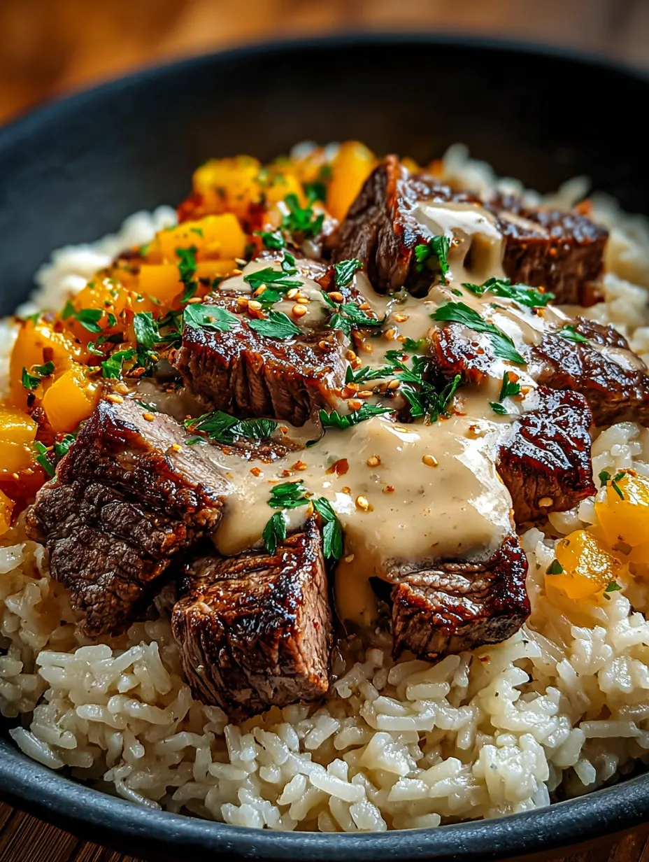 A plate piled with savory beef and saucy orzo pasta.
