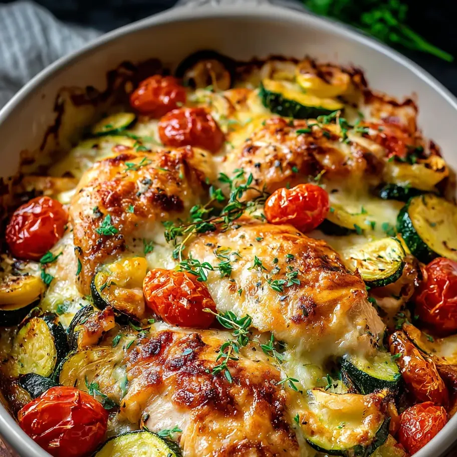 A hearty bowl packed with chicken, zucchini, and tomatoes.