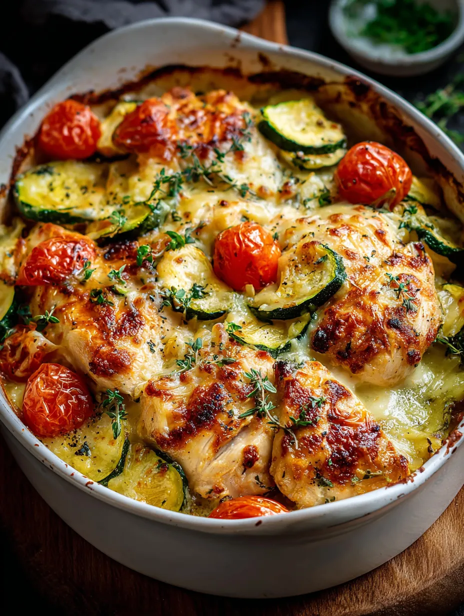 A dish with chicken, tomatoes, and zucchini.