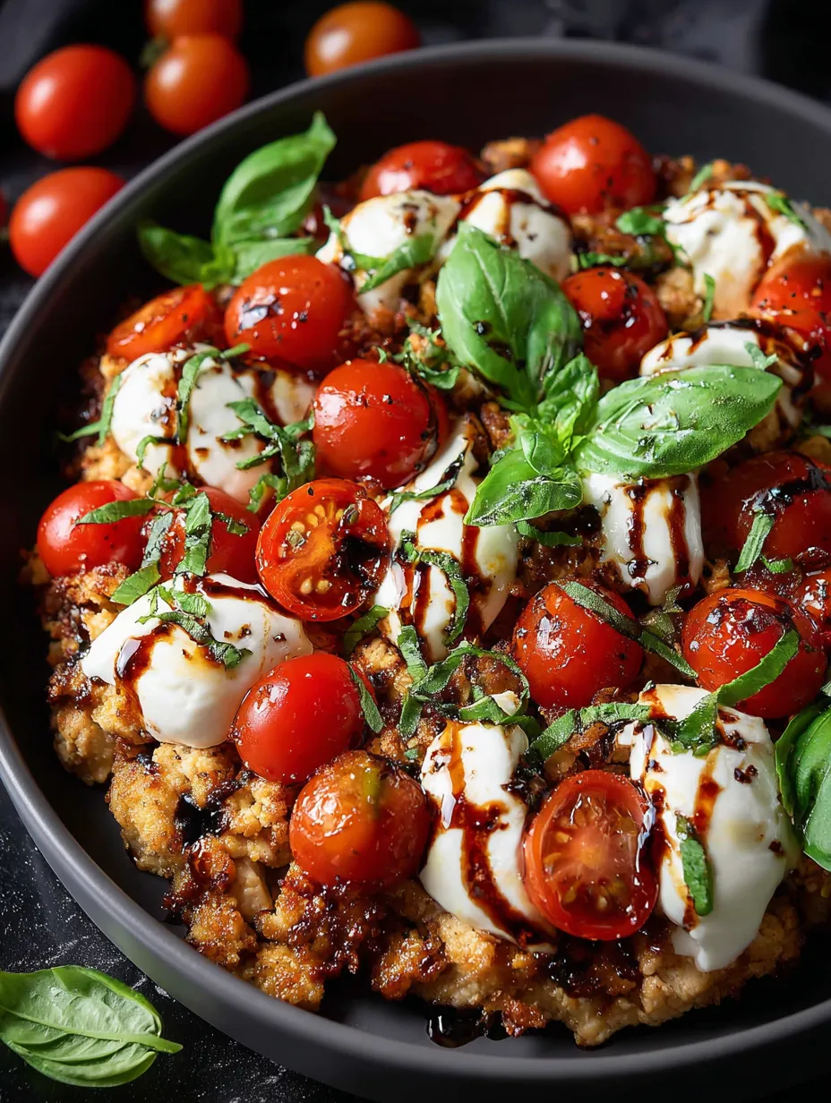 A bowl filled with cheesy chicken, tomatoes, and basil.