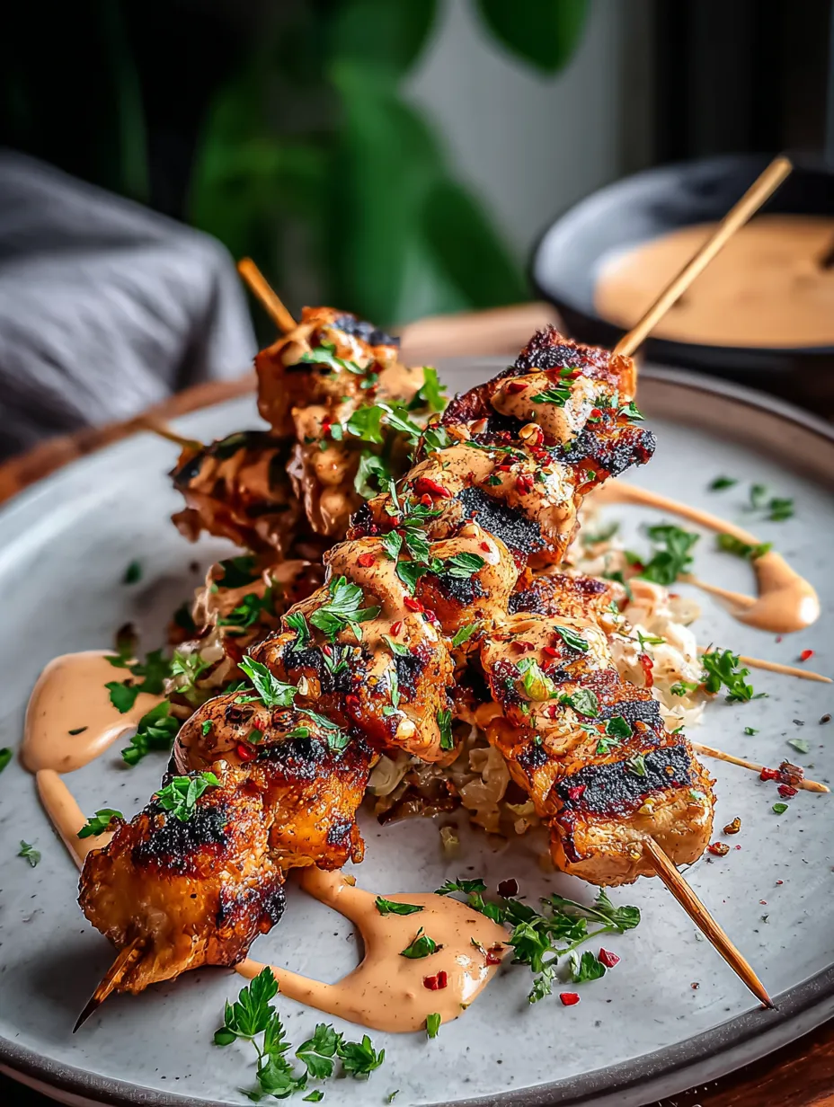 Saucy skewers on a plate ready to eat.