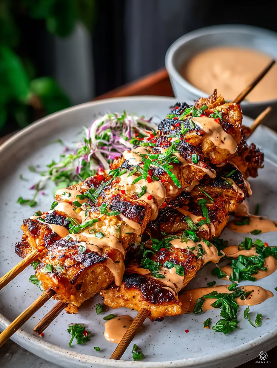 A fork and bowl of sauce next to tasty skewers on a plate.