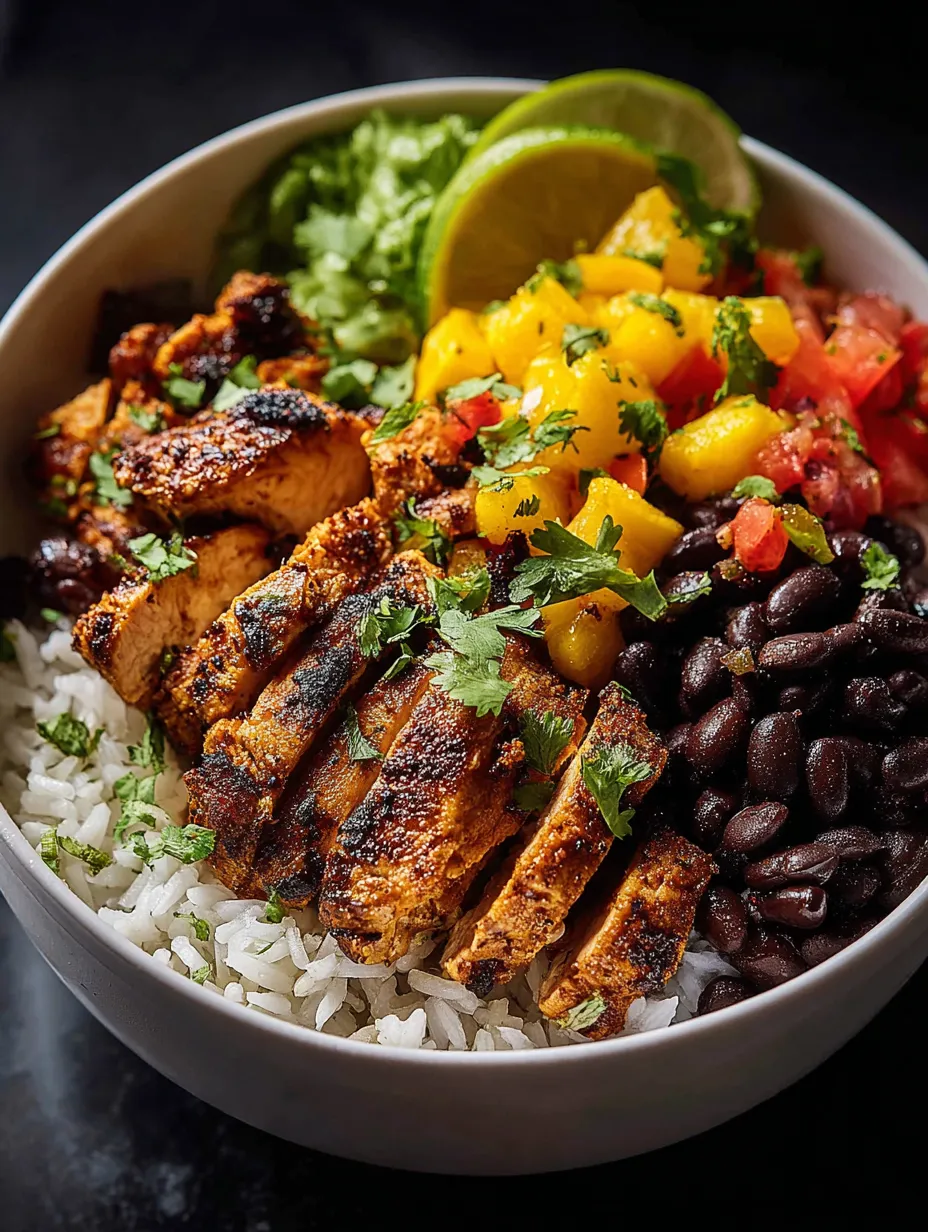 A bowl piled with chicken, beans, rice, and fresh lime wedges.