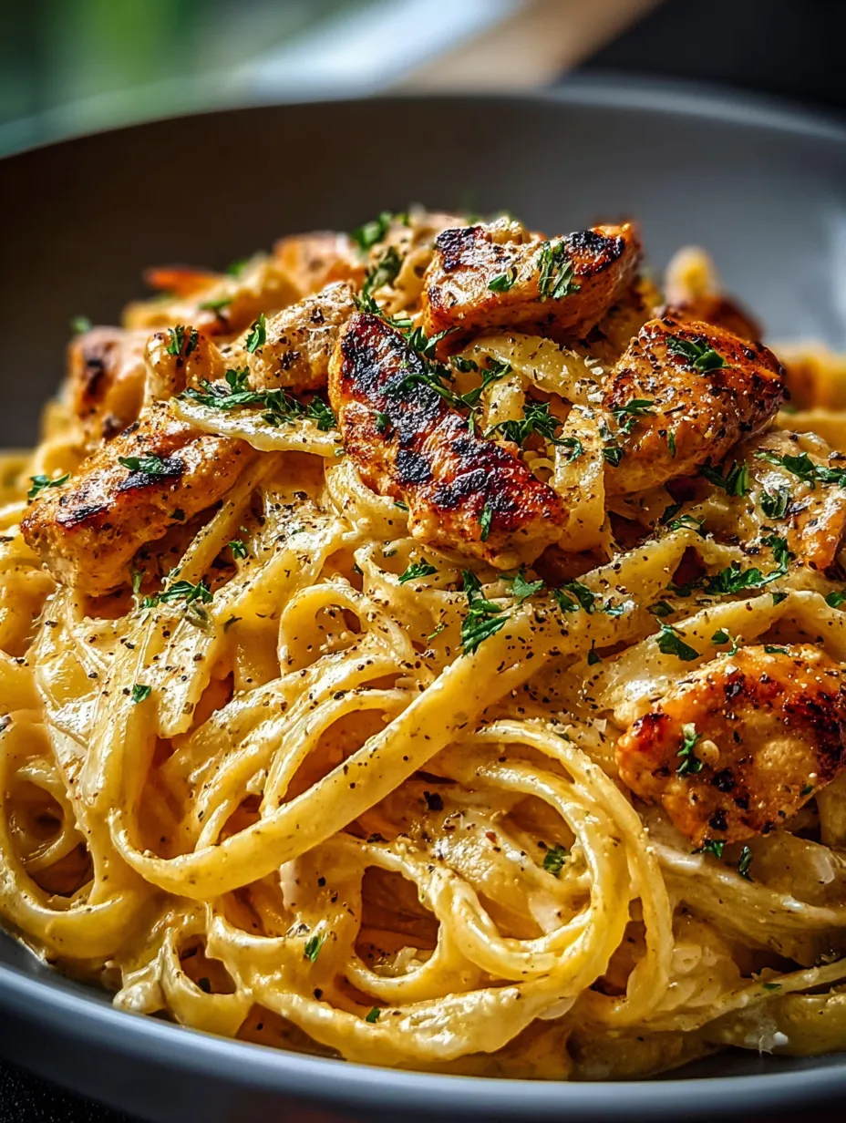 A bowl of pasta with chicken and herbs.