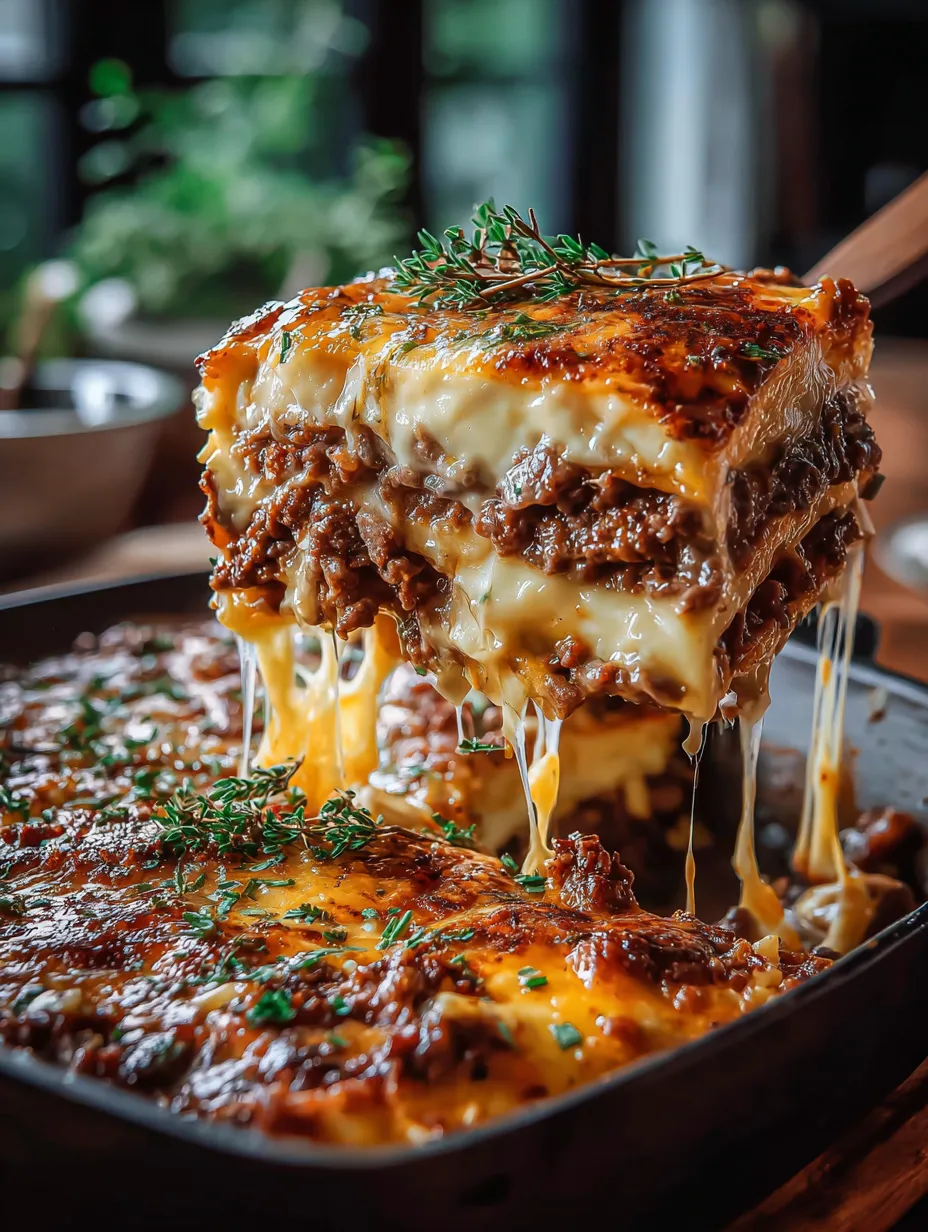 A gooey, close up look at a cheese-topped meat bake.