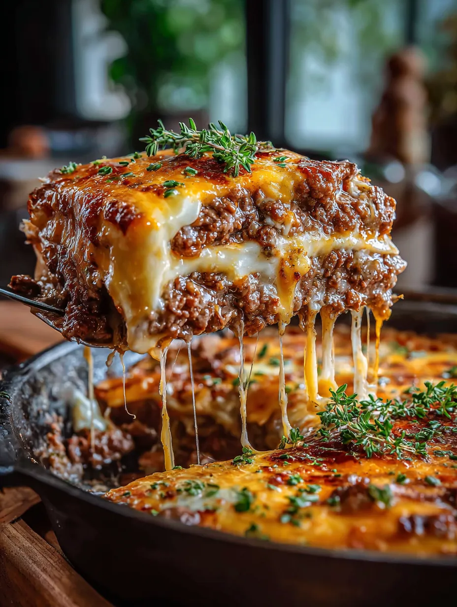 A melty, cheesy beef and biscuit dish close up.