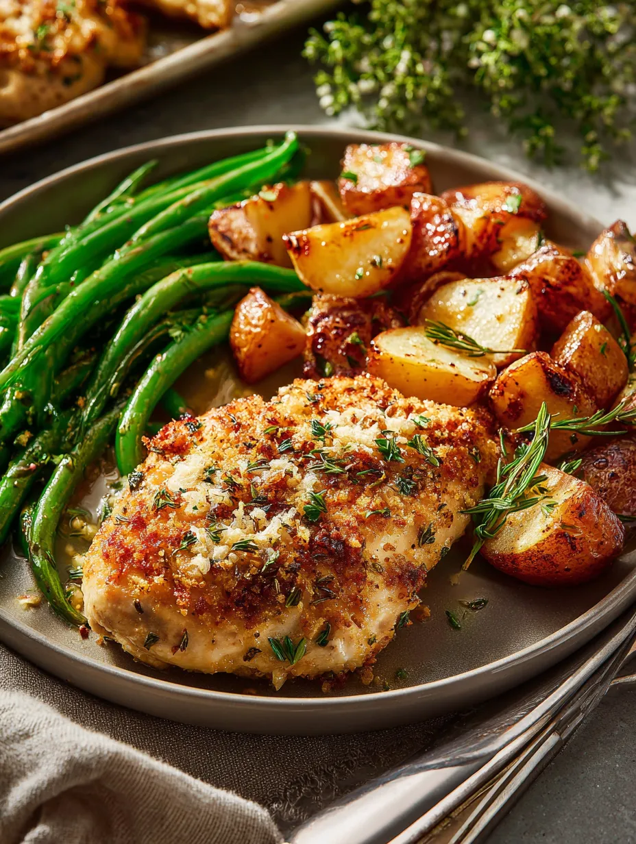 A plate of food with chicken, potatoes, and green beans.