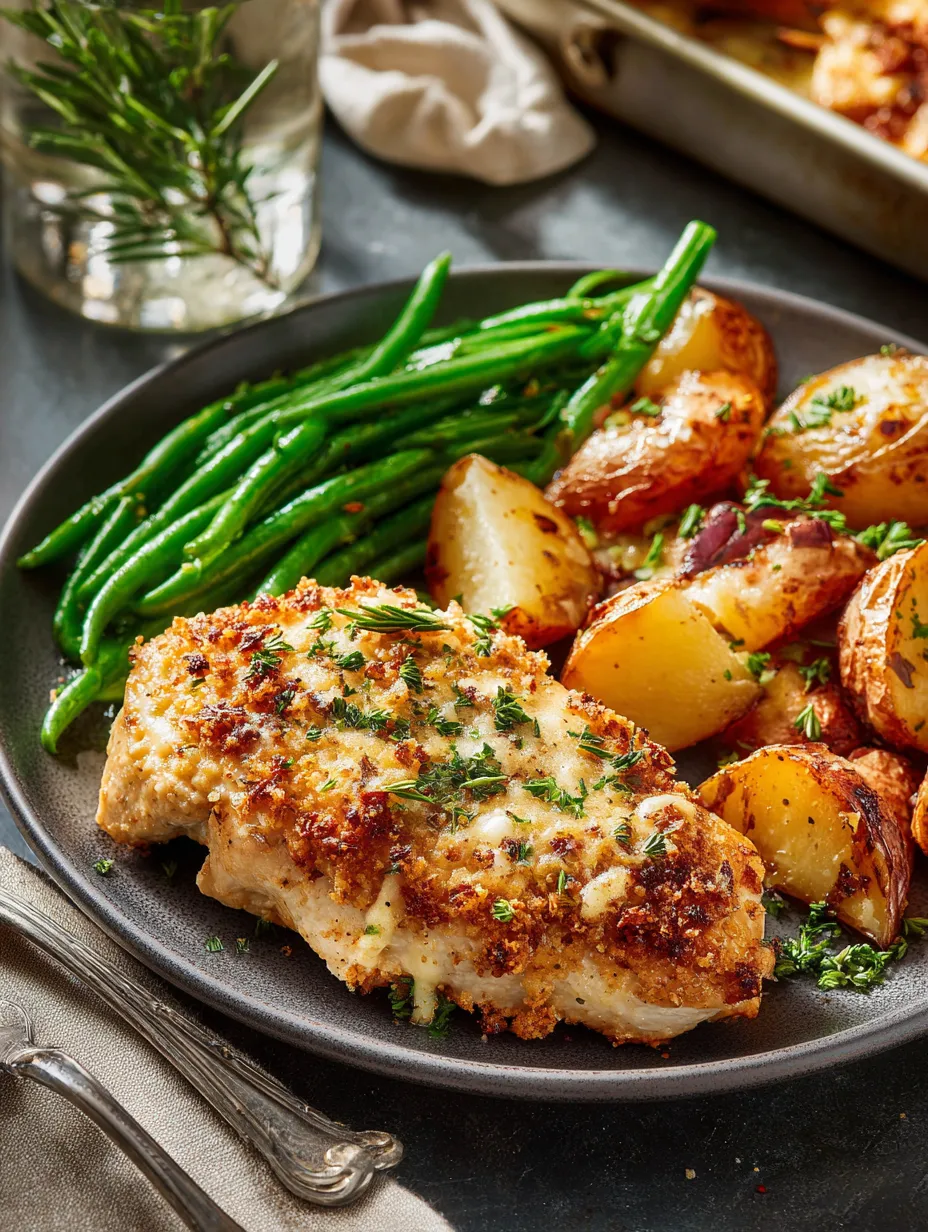 A plate of food with chicken, potatoes, and green beans.