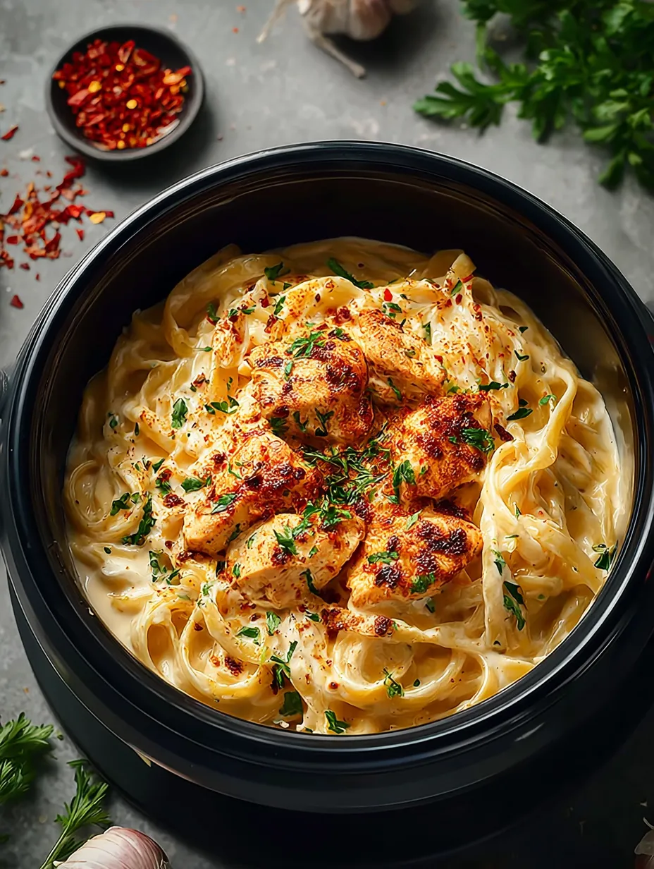 A bowl of pasta with chicken and peppers.
