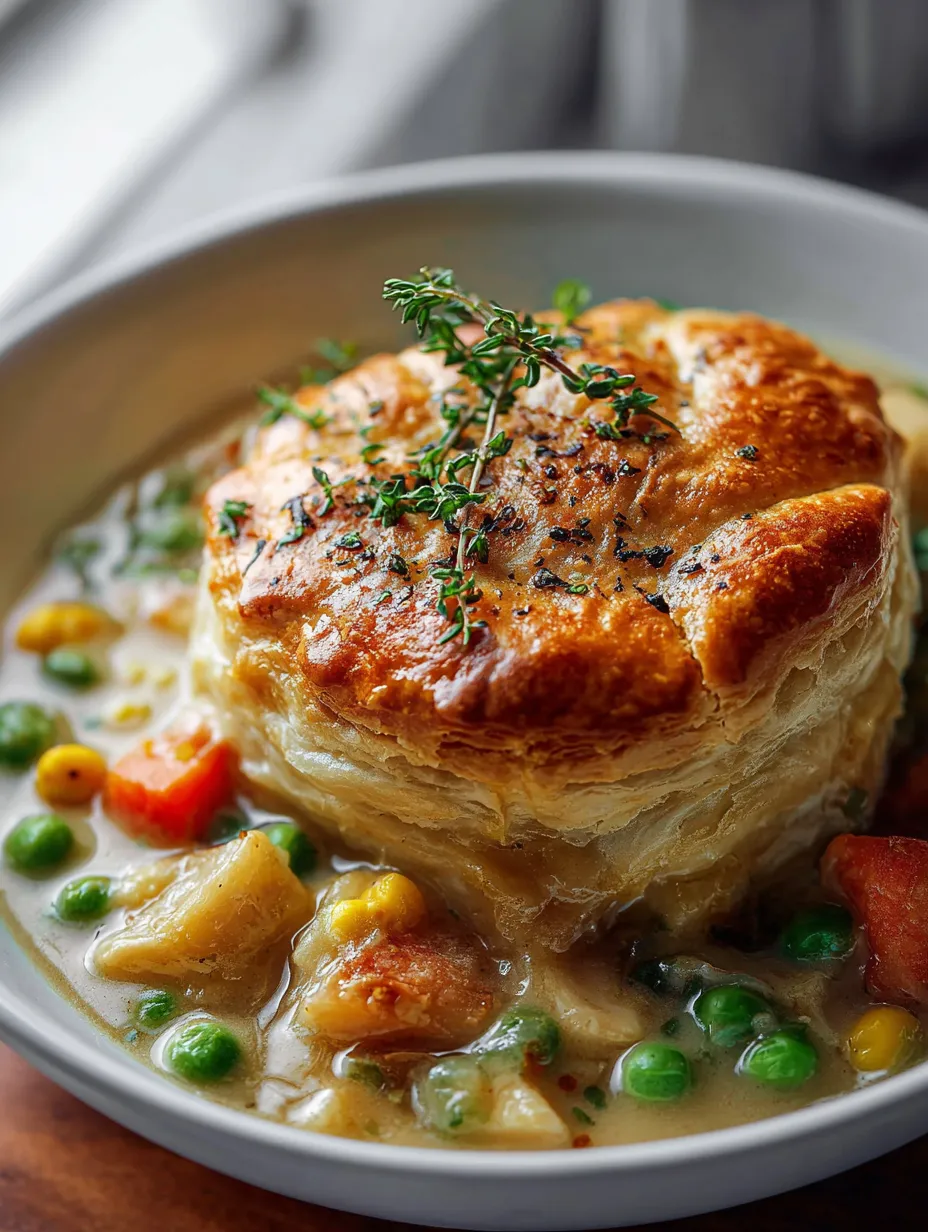 A bowl of soup topped with puff pastry.