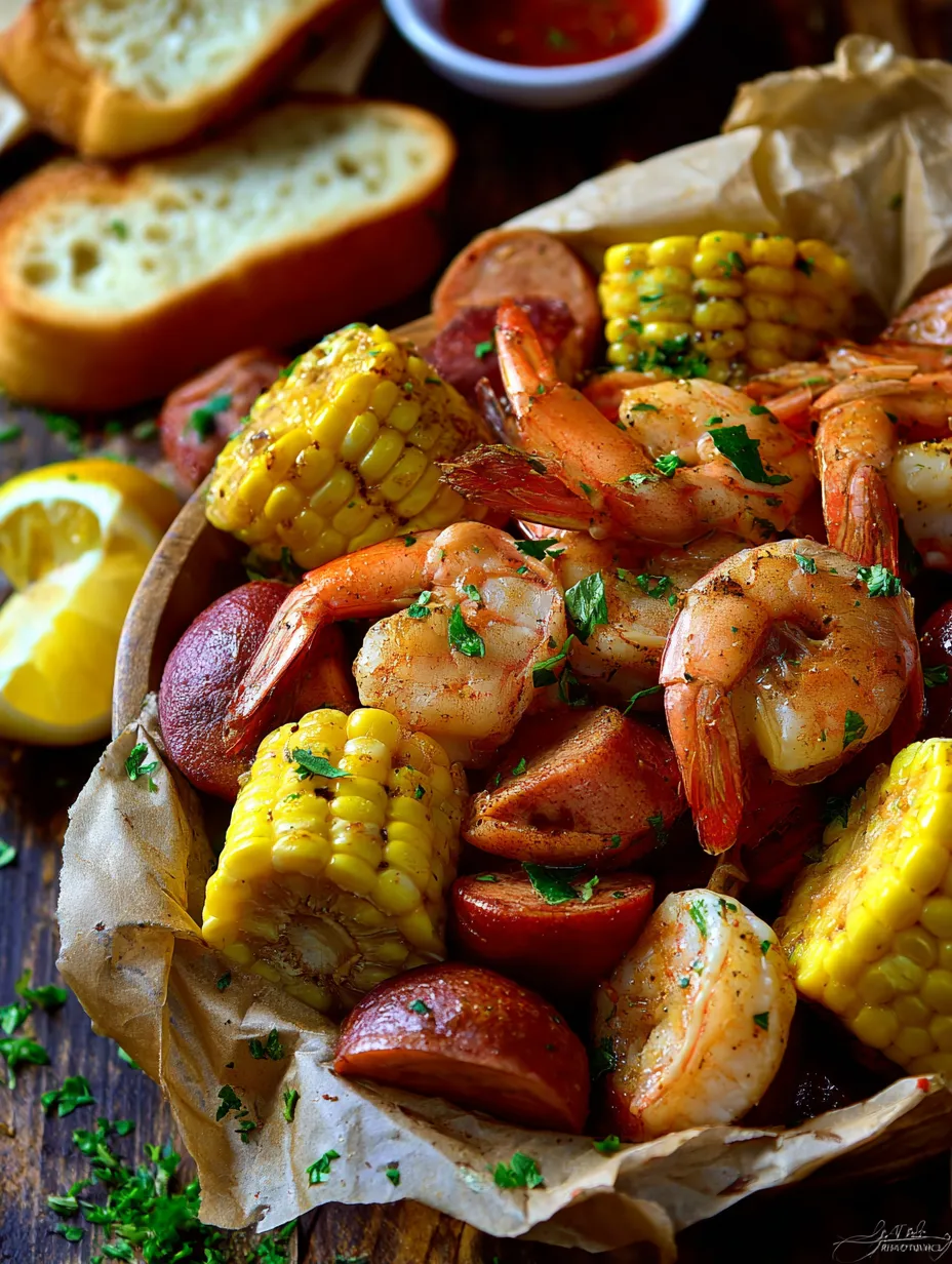 Shrimp, corn, and sausage on a plate.