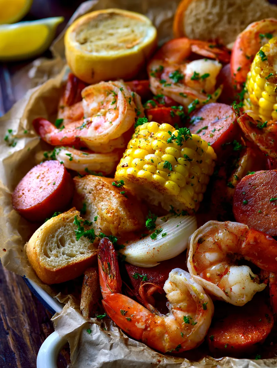 A plate holding shrimp, corn, and a chunk of bread.