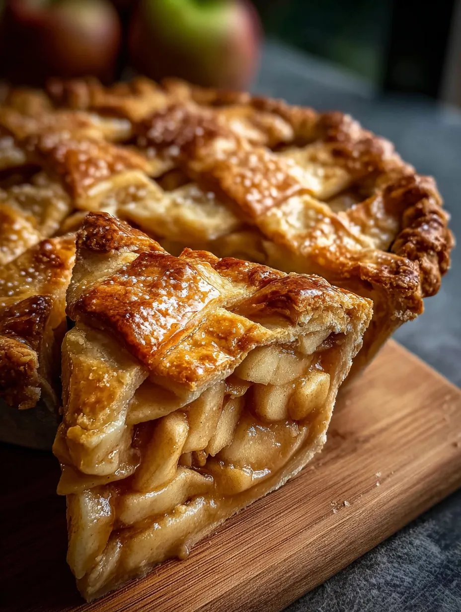 A slice of pie on a wooden table.
