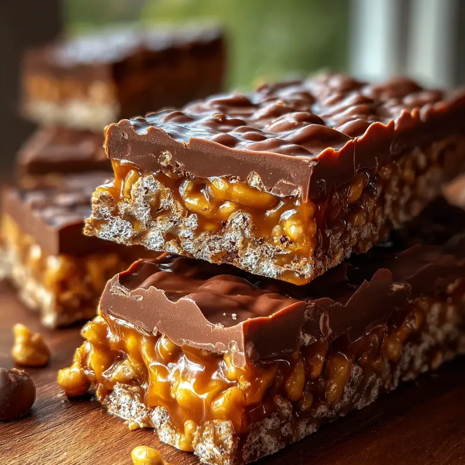 Chocolate bar topped with gooey caramel.