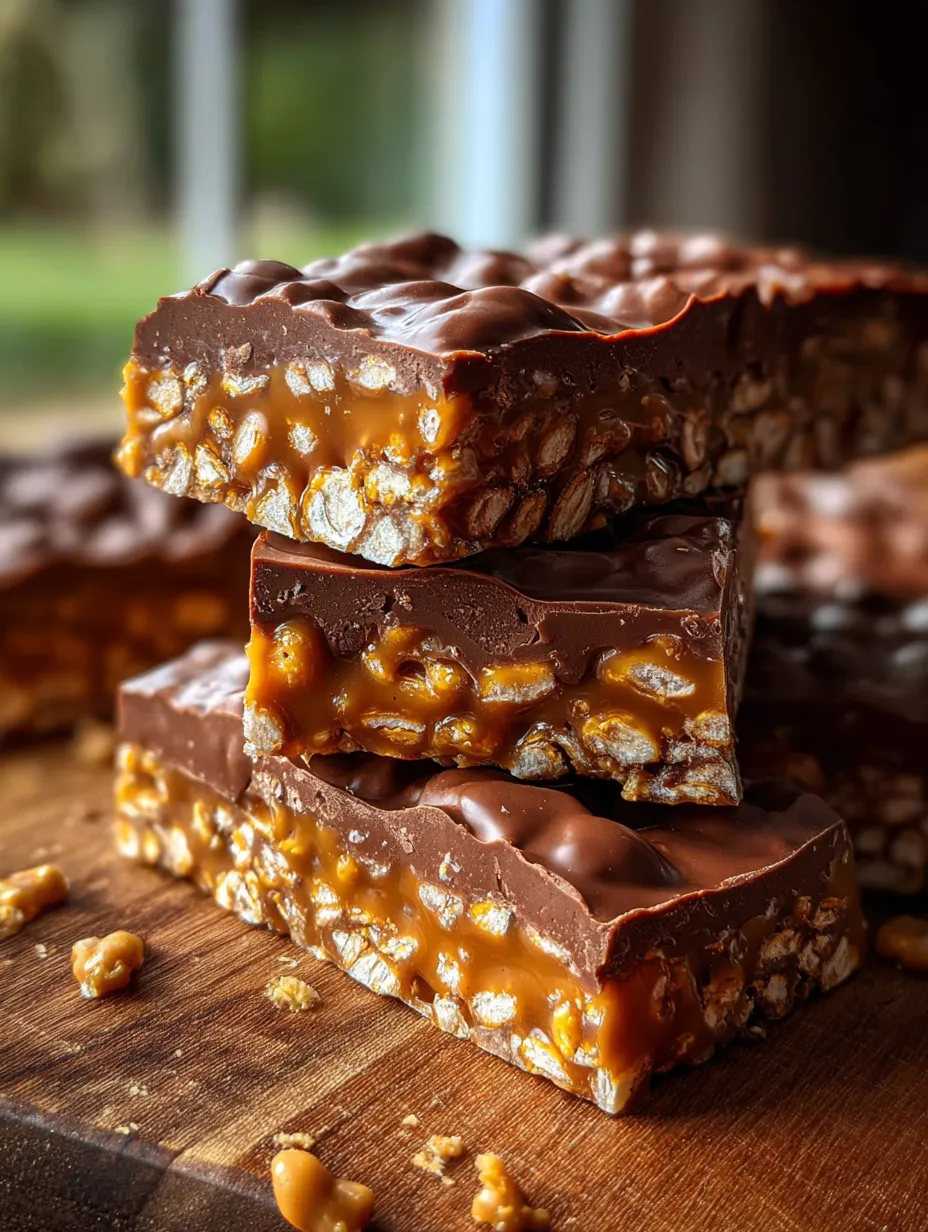 A stack of chocolate and caramel candy bars.