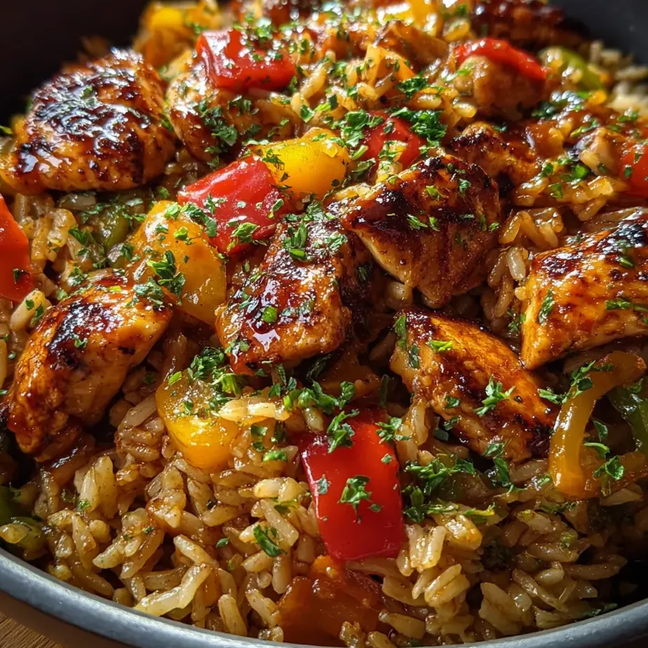 A plate of rice with chicken and peppers.