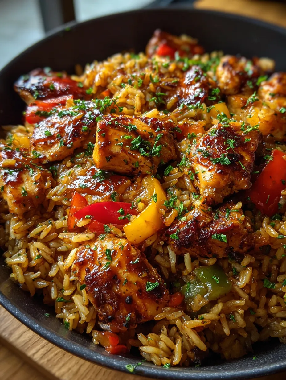 A bowl of rice with chicken and peppers.