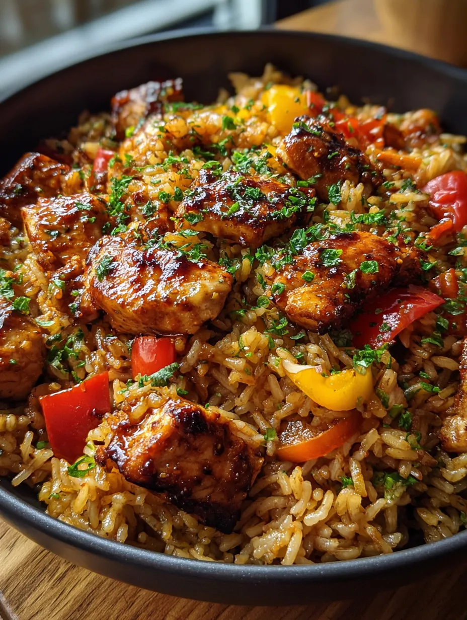A bowl of rice with meat and vegetables.