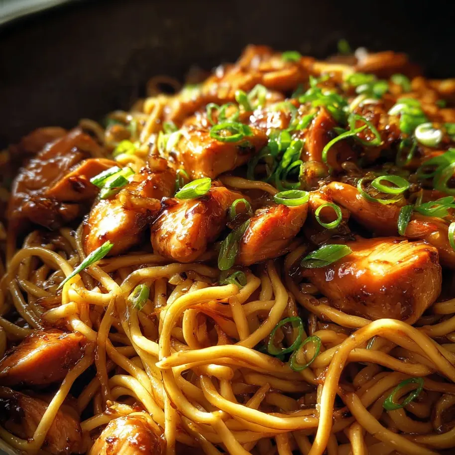 A bowl piled with noodles, chicken, and veggies.