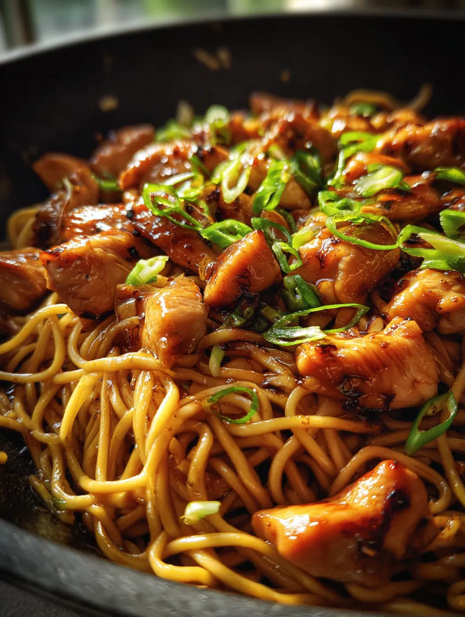 A plate loaded with saucy chicken and noodles.