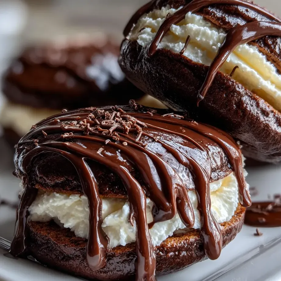 Donut covered with chocolate and white icing.