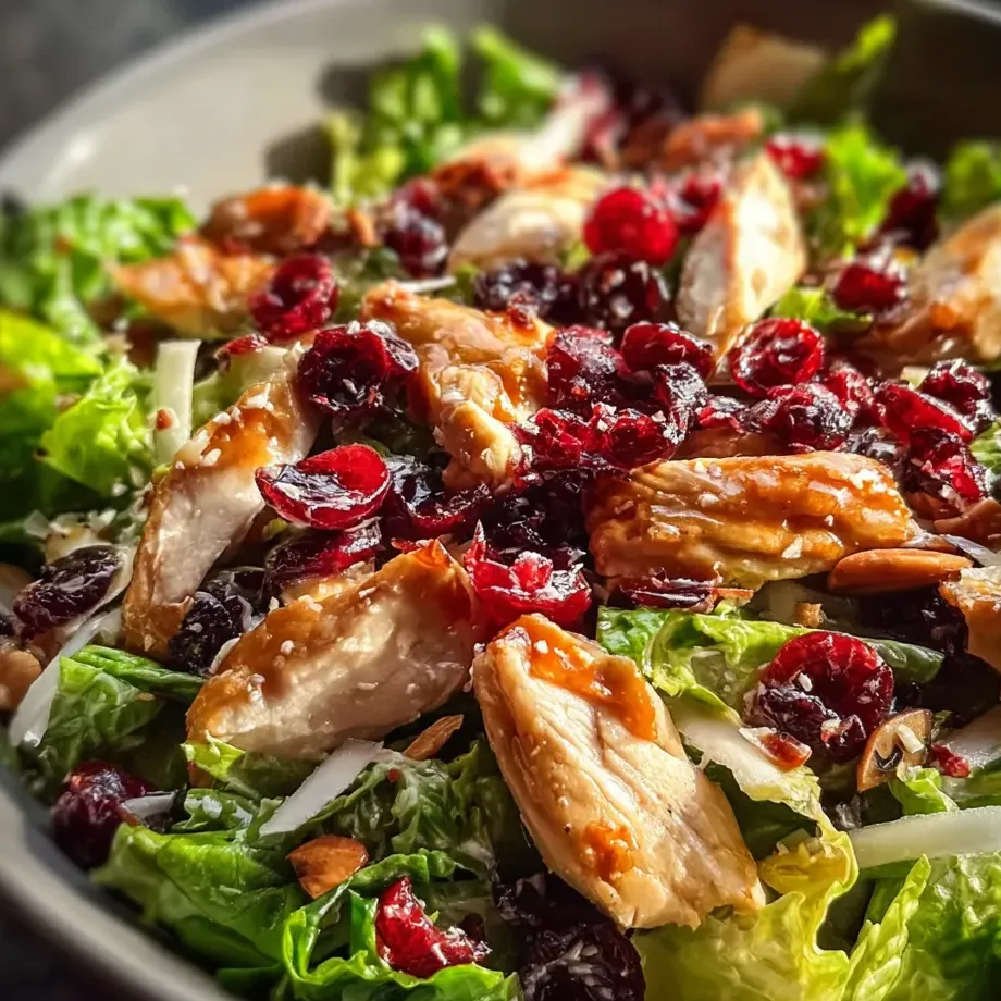 Salad piled in a bowl with chicken chunks, cranberries, and leafy greens.