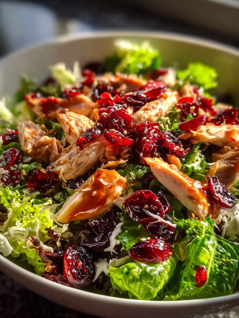 Greens and chicken topped with cranberries fill a big bowl.
