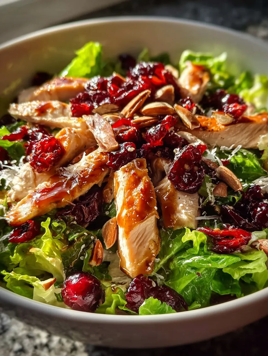 A bowl loaded with fresh chicken, glossy cranberries, and nuts.