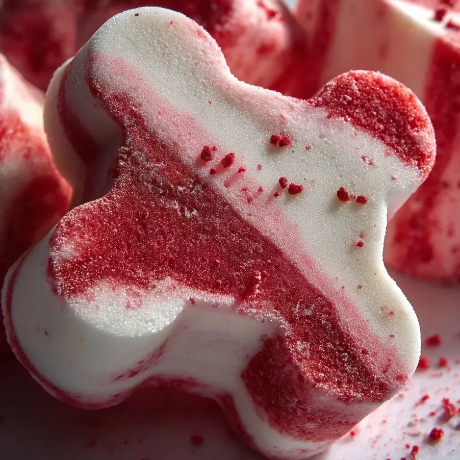 A candy in white and red shaped to look like a dog.