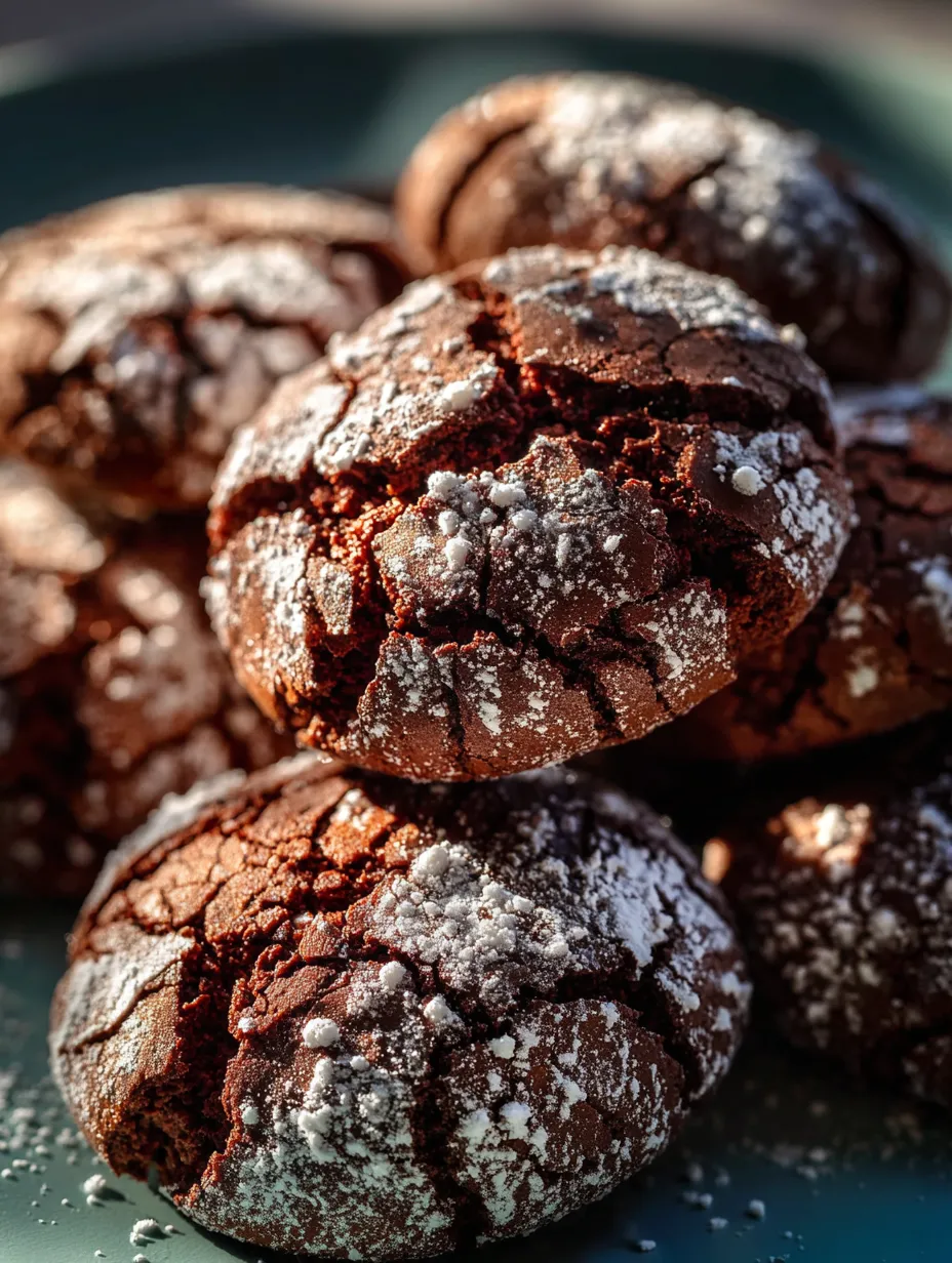 Chocolate cookies dusted thick with powdered sugar.