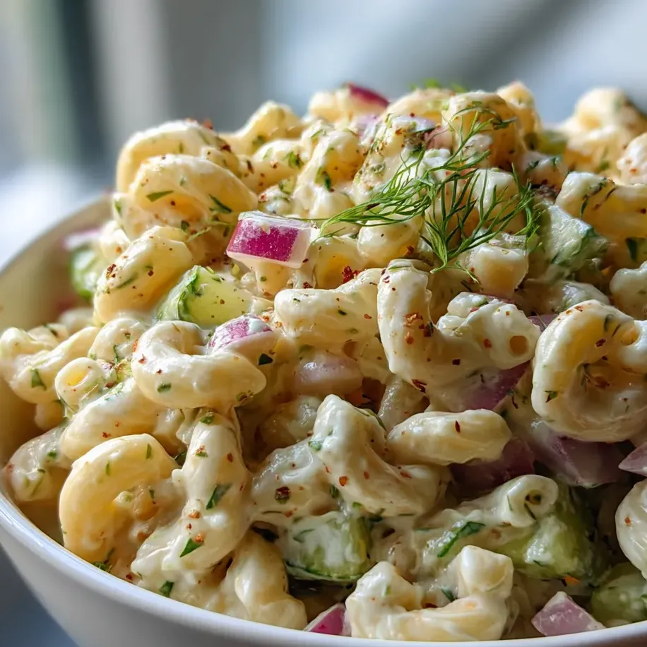 A bowl filled with pasta, chopped pickles, and slices of red onion.