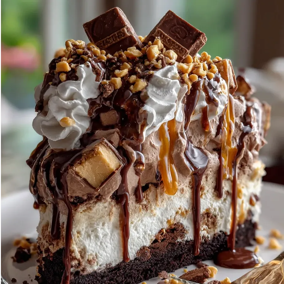 A wedge of chocolate cake with caramel sauce on top.