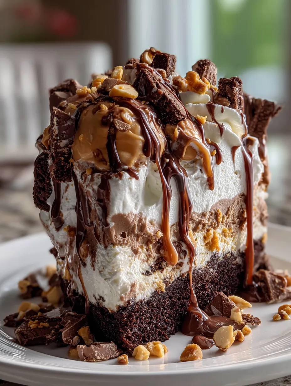 A slice of chocolate cake with caramel drizzle.