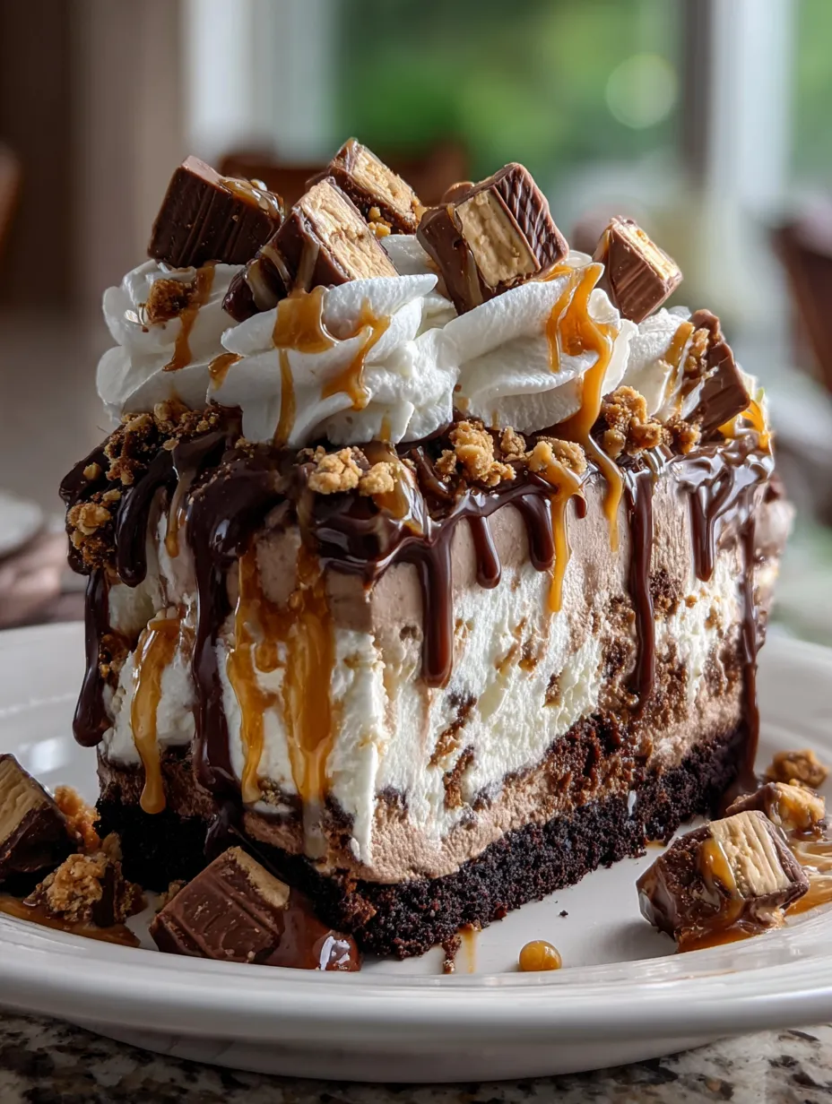 A slice of chocolate cake with caramel drizzle.