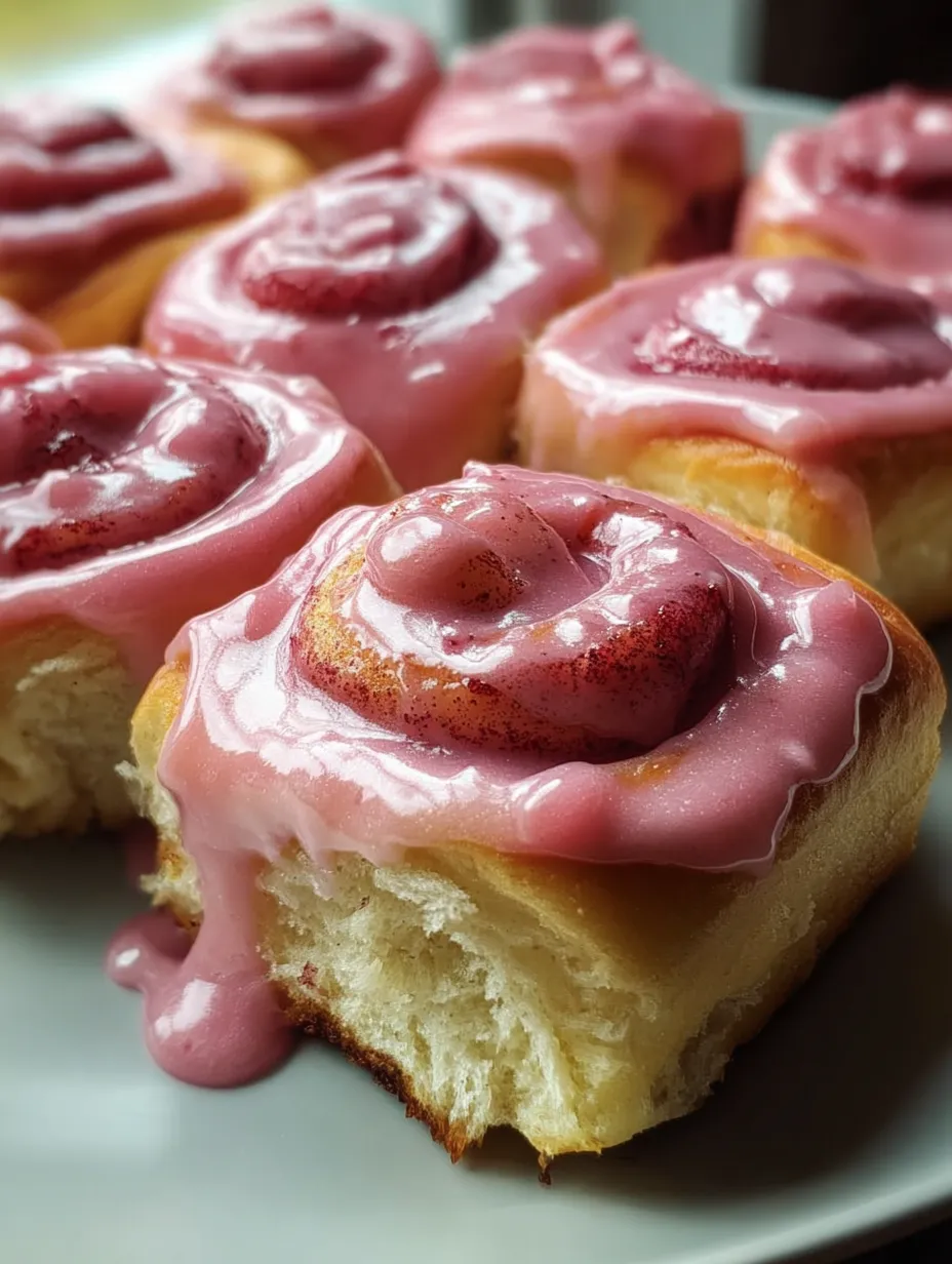 A pastry with a pink glaze and a swirl of pink icing.