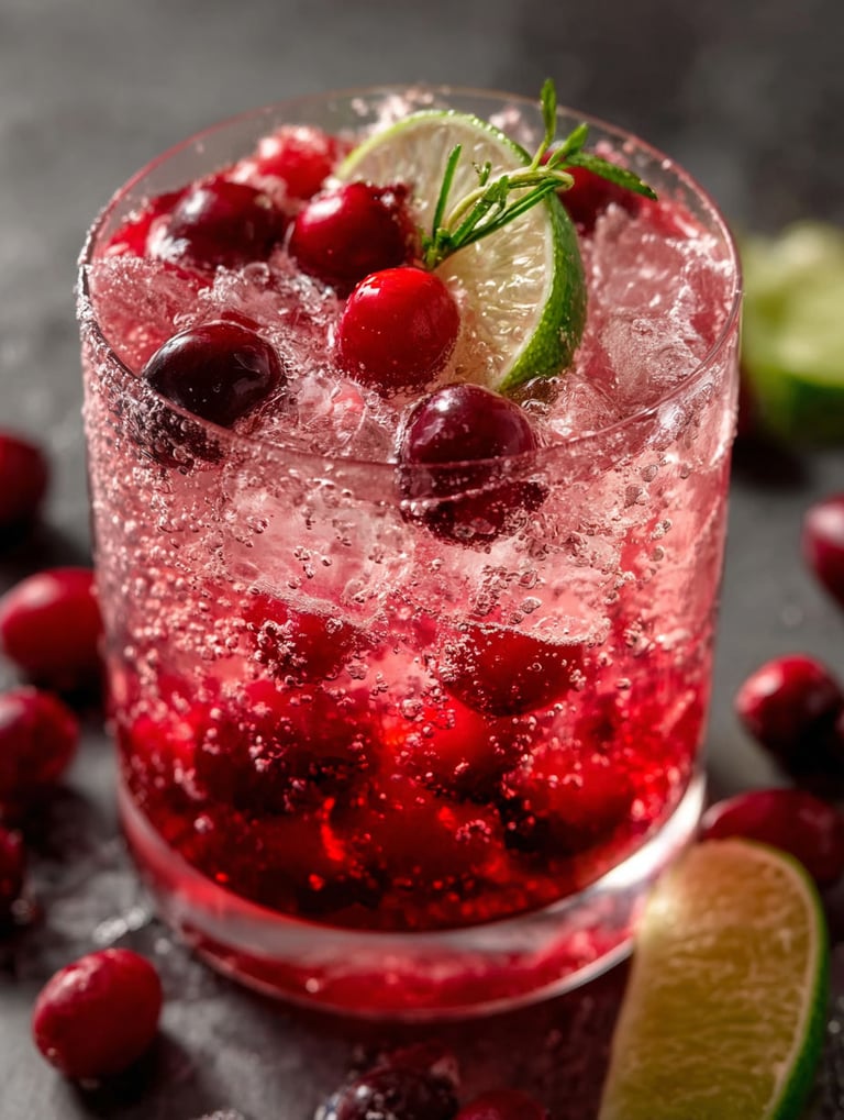 A glass of a sparkling cranberry mocktail drink.