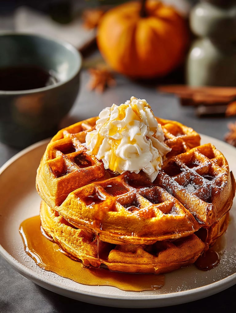 Stack of waffles with a pumpkin on top