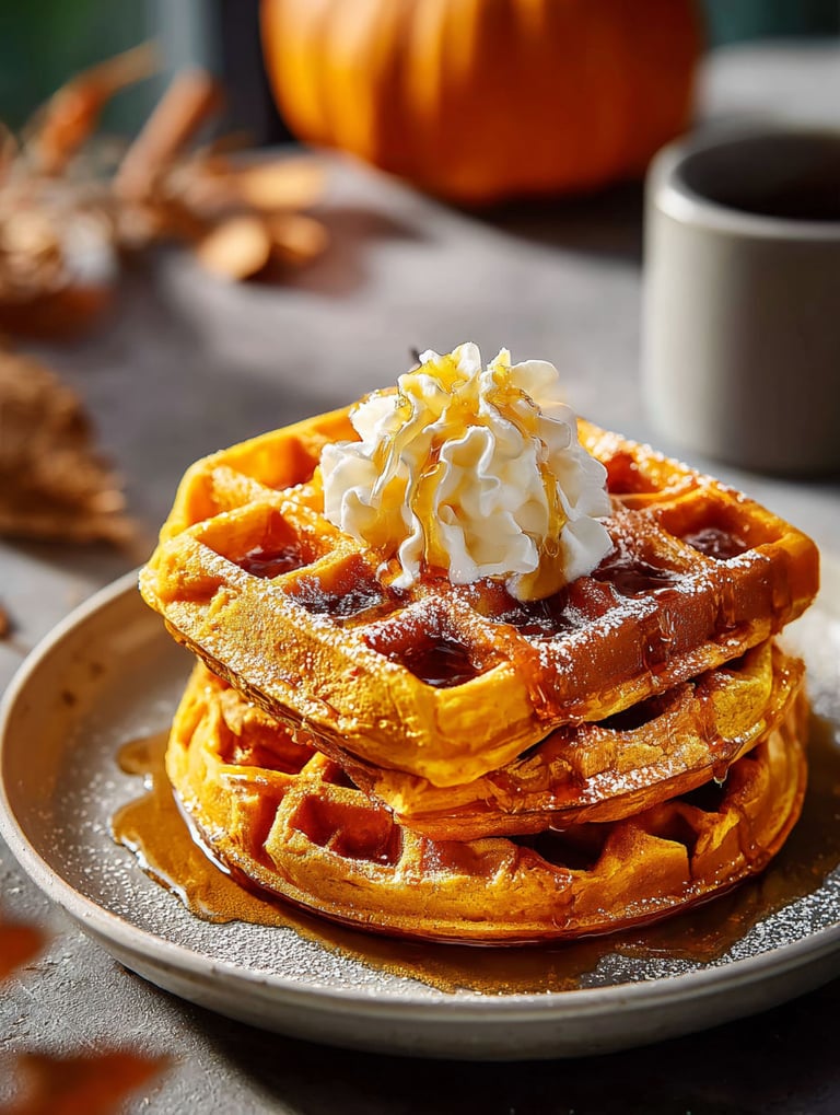 Stack of waffles topped with whipped cream and pumpkin syrup