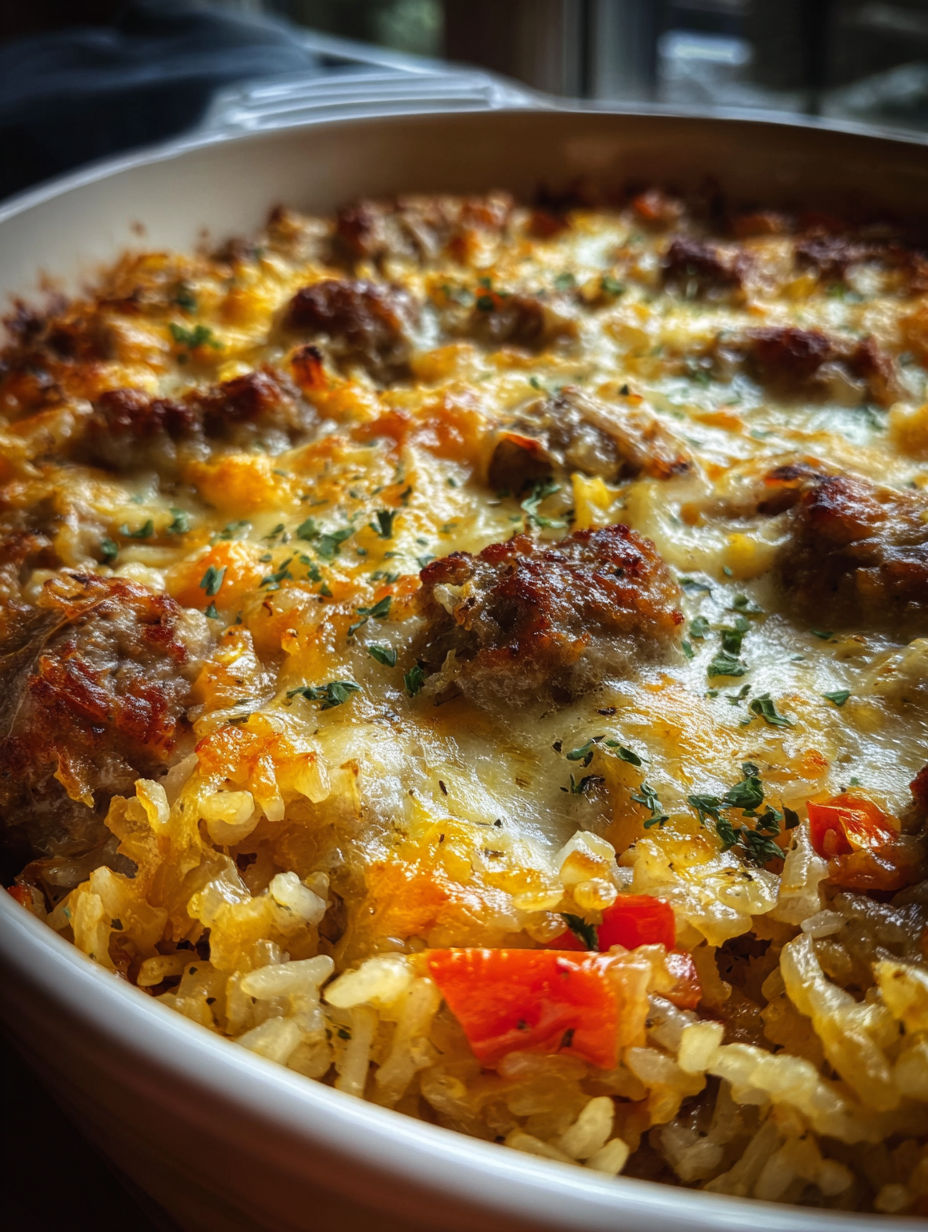 Close view of sausage and rice bake.