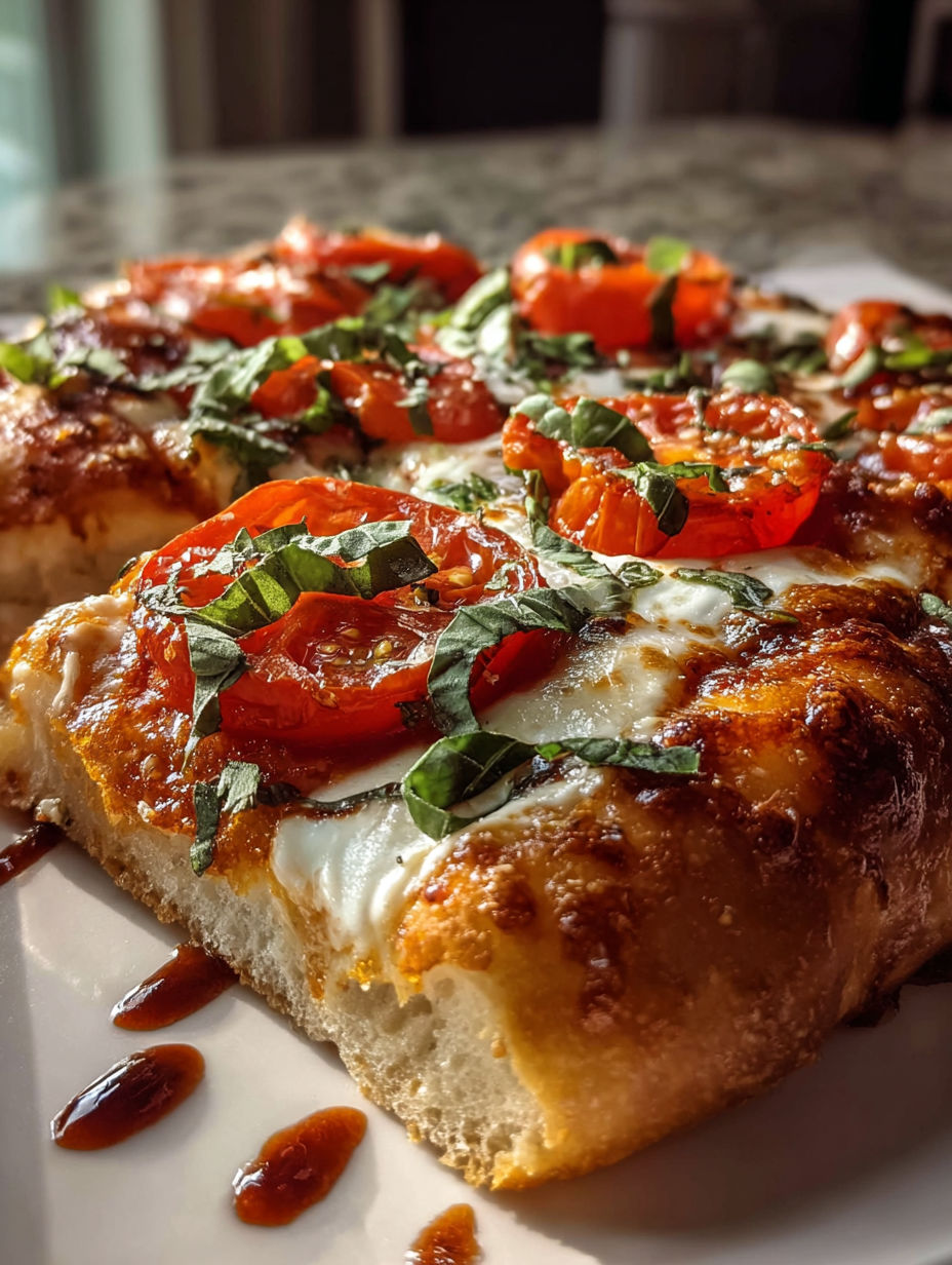 Slice of Margherita pizza topped with tomatoes and basil