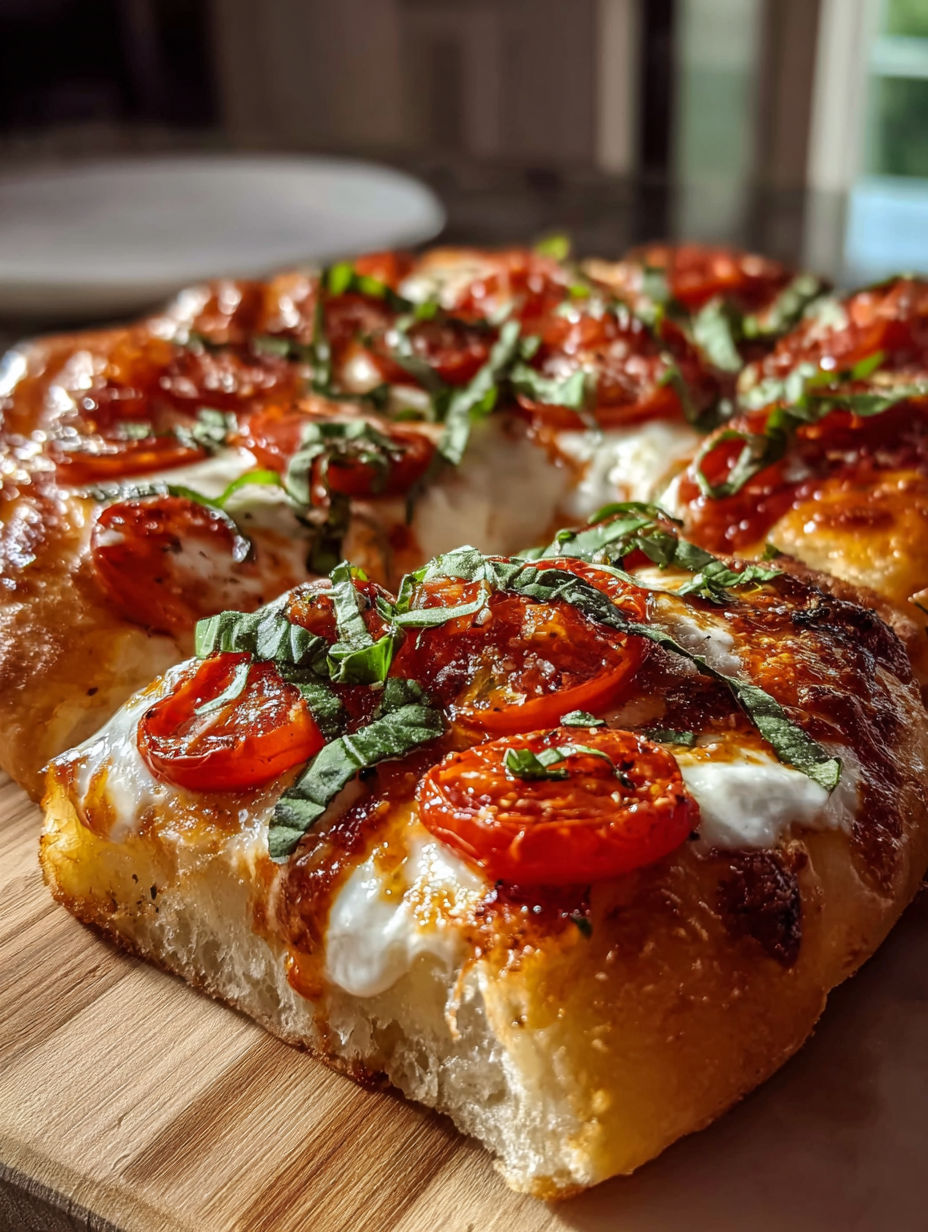 Slice of Margherita pizza topped with tomatoes and basil